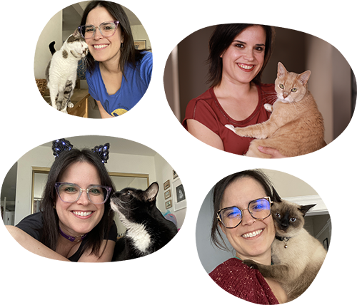 A 4-photo collage of Rochelle, the owner of Purr City, a woman with dark brown hair, holding or cuddling with happy cats.