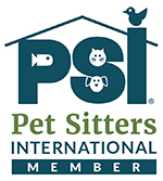 Logo for Pet Sitters International: PSI is in block letters decorated by animal faces, a house roof overhead.